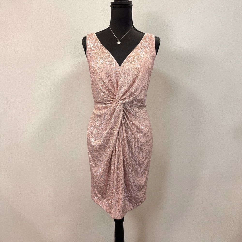 Nicole Miller Pink Sequin Cocktail Dress Twist Front V-Neck Sleeveless 6 NWT